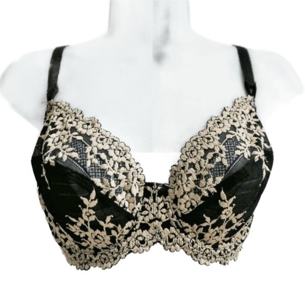 Wacoal 65191 Black Bra Embrace Lace Underwire Embroidered Floral Ecru Lace 38B